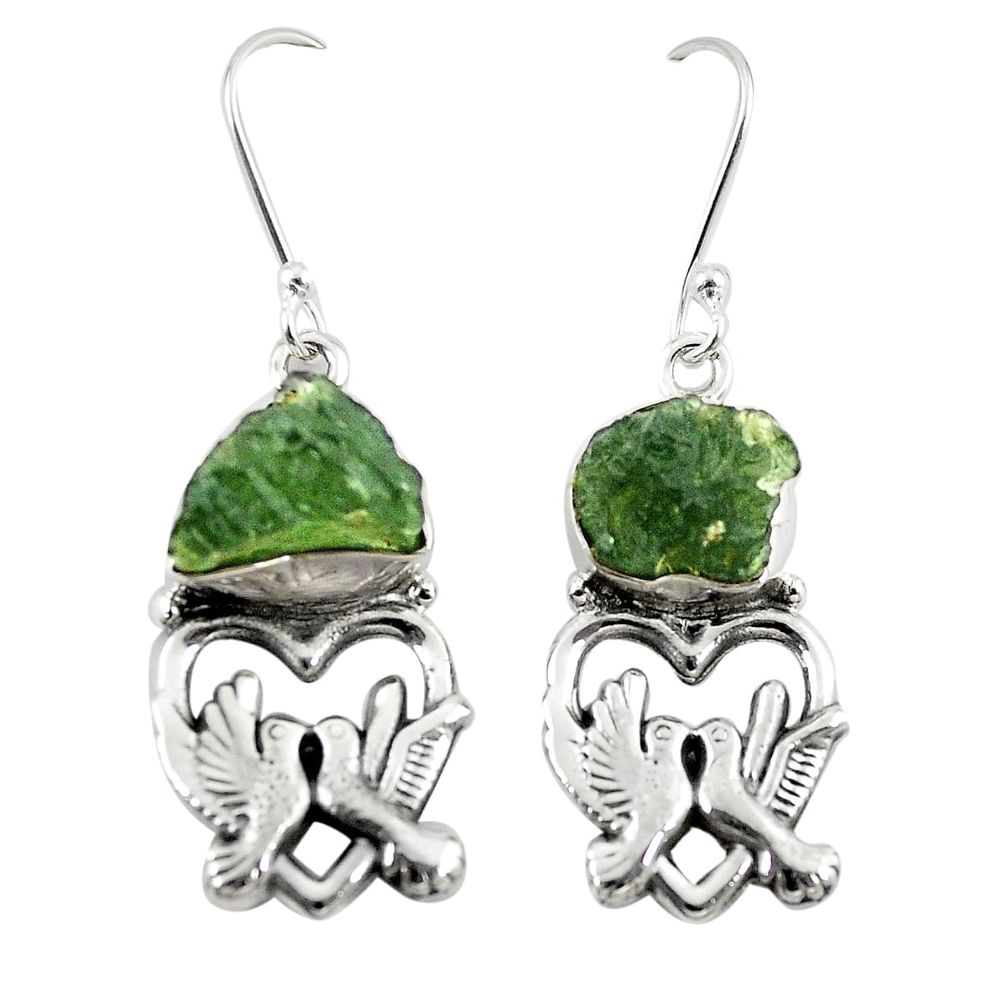 Natural green moldavite (genuine czech) 925 silver love birds earrings m26162