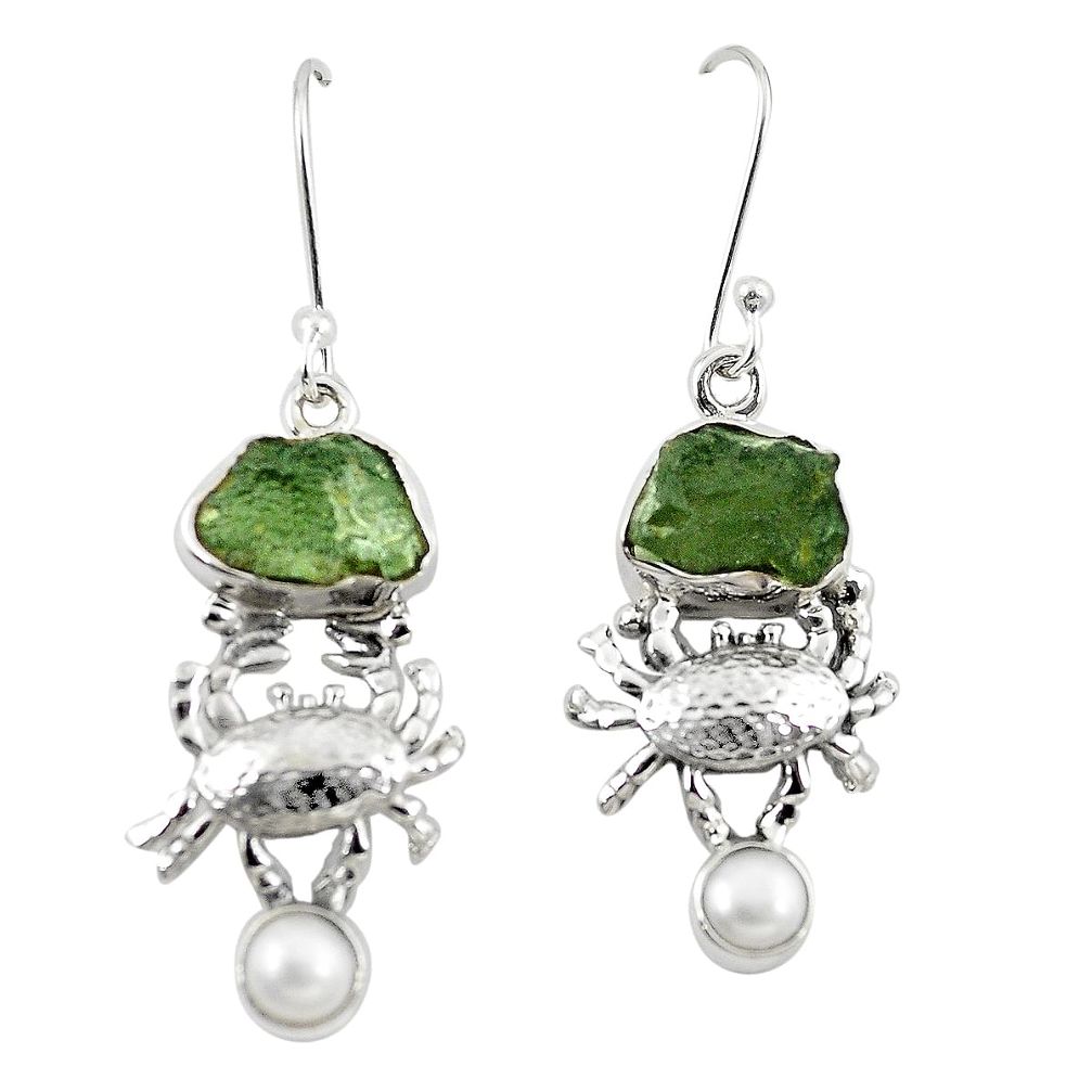 Natural green moldavite (genuine czech) 925 silver crab earrings jewelry m26163