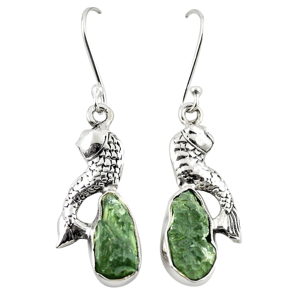 Natural green moldavite (genuine czech) 925 silver fish earrings jewelry m26168