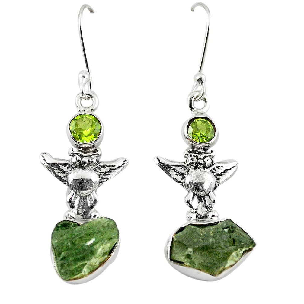 Natural green moldavite (genuine czech) 925 silver owl earrings jewelry m26180