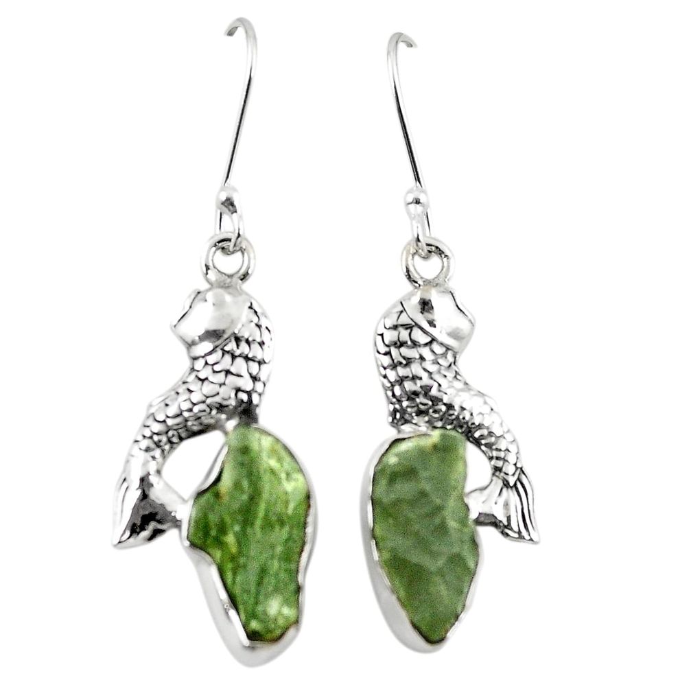 Natural green moldavite (genuine czech) 925 silver fish charm earrings m26192