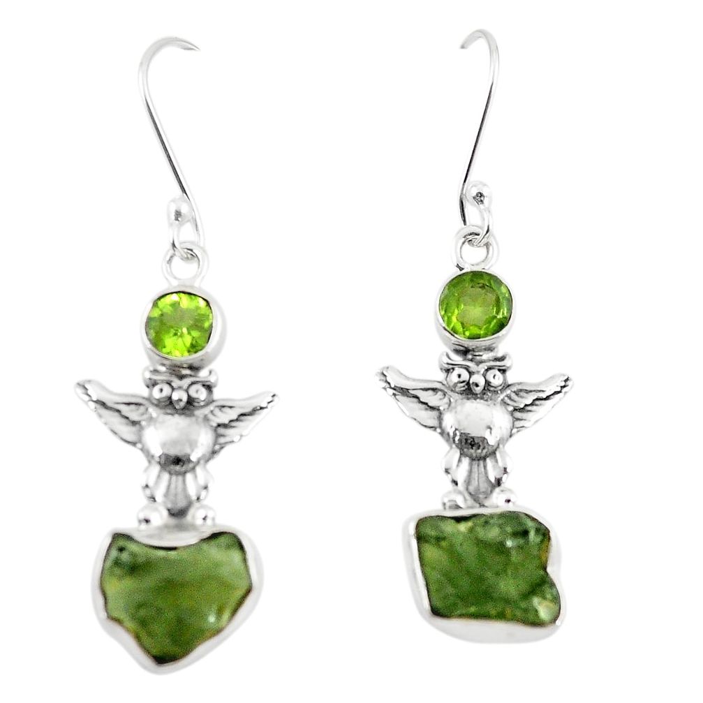 Natural green moldavite (genuine czech) 925 silver owl earrings jewelry m26196