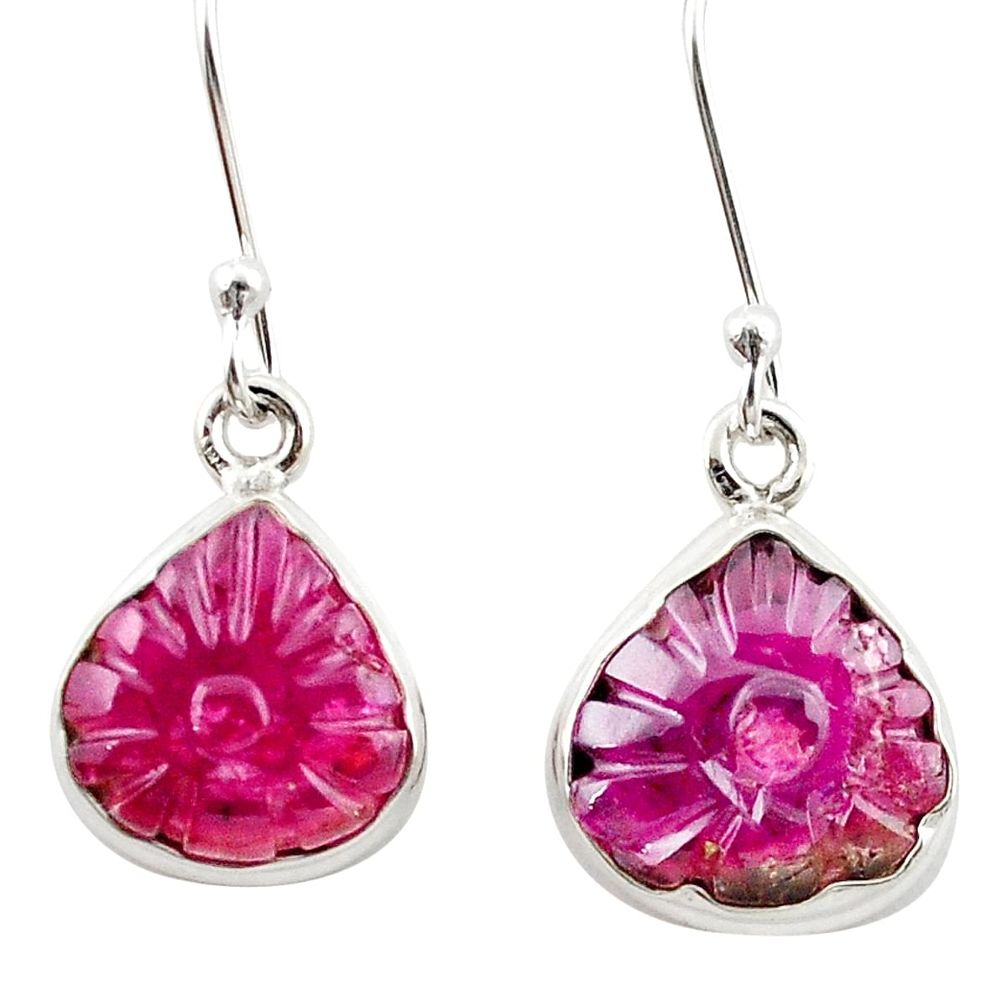 Natural pink tourmaline carving 925 sterling silver dangle earrings jewelry m27629
