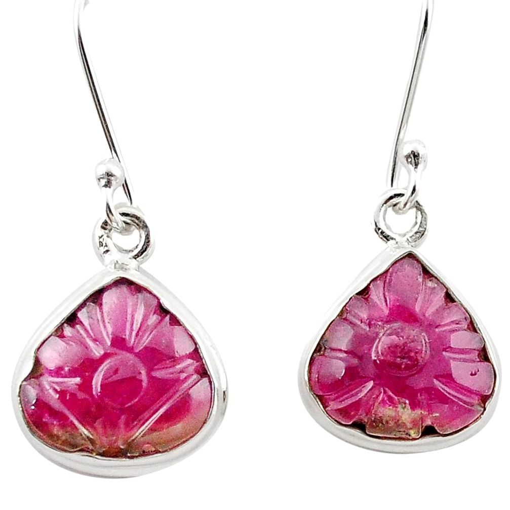 Natural pink tourmaline carving 925 sterling silver dangle earrings jewelry m27630