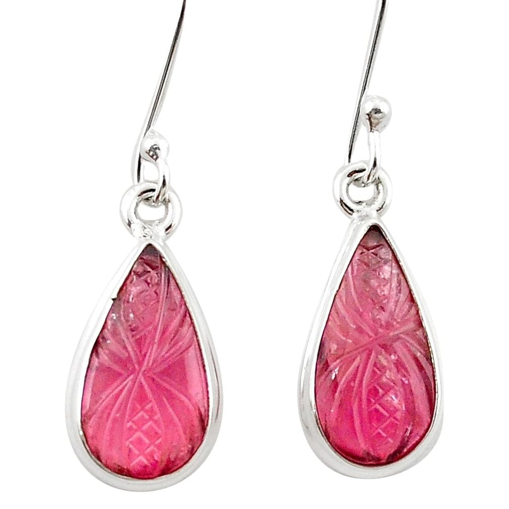 Natural pink tourmaline carving 925 sterling silver dangle earrings jewelry m27636