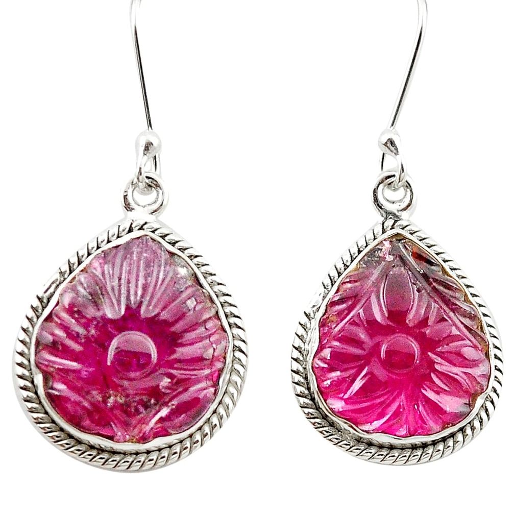 Natural pink tourmaline carving 925 sterling silver dangle earrings jewelry m27638