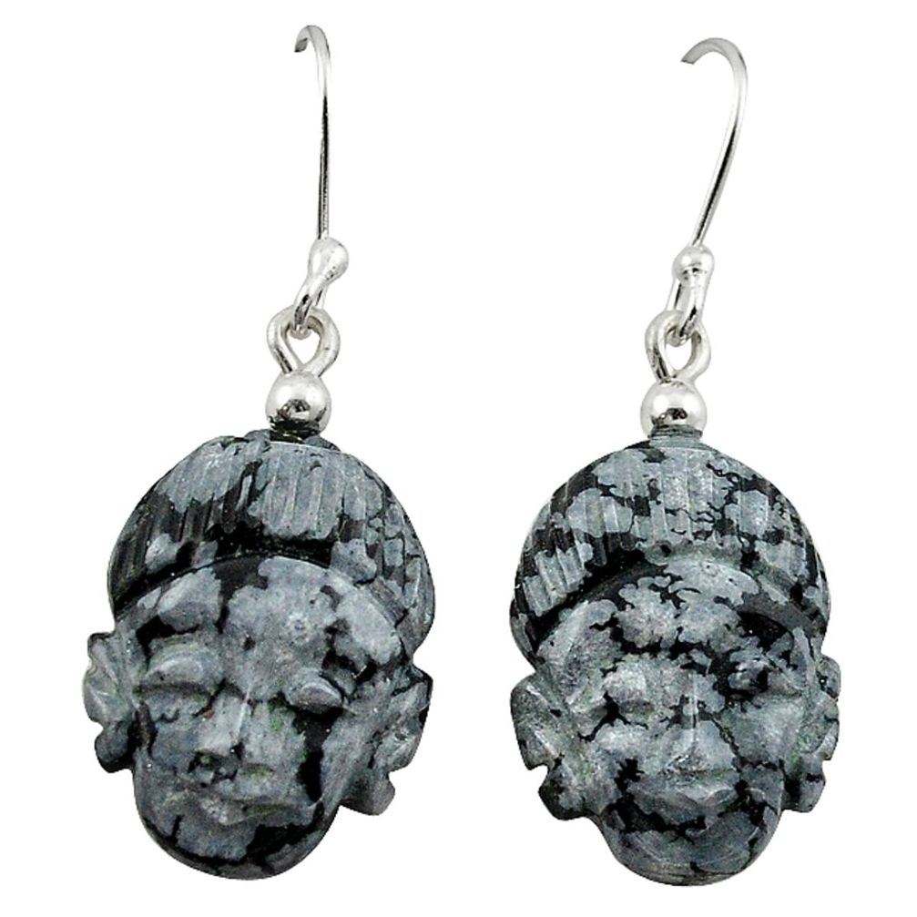 Natural black australian obsidian 925 silver buddha charm earrings m3319