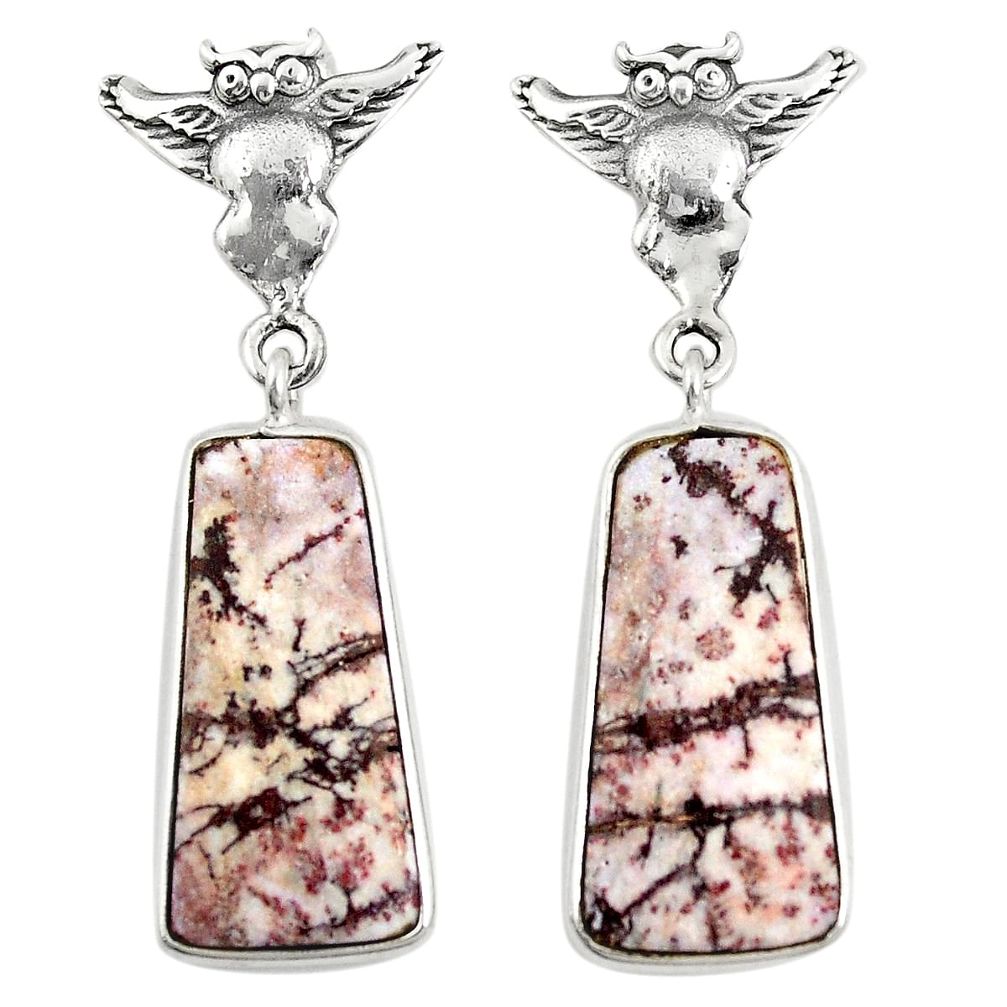 Natural grey sonoran dendritic rhyolite 925 silver owl earrings jewelry m36260
