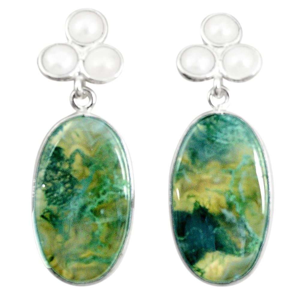 925 sterling silver natural green moss agate white pearl earrings m36297