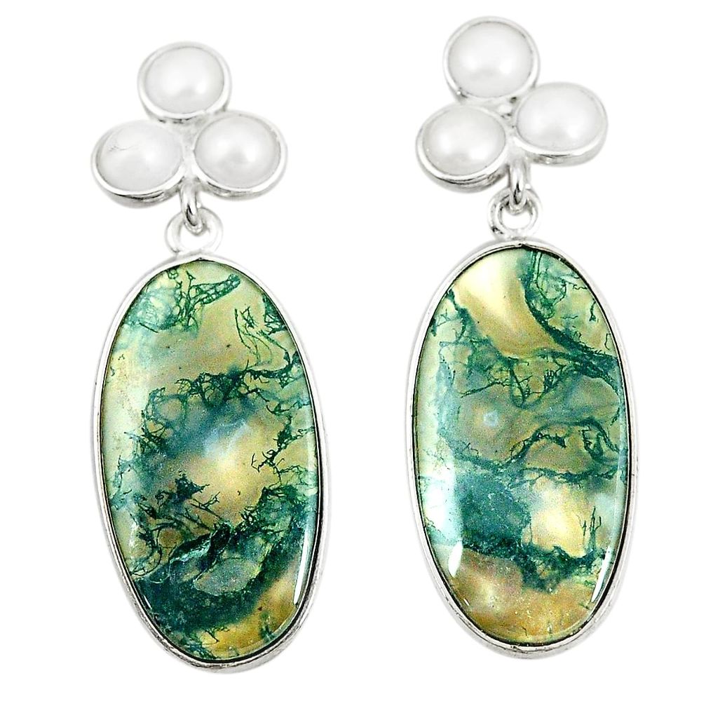 Natural green moss agate pearl 925 sterling silver earrings jewelry m36298