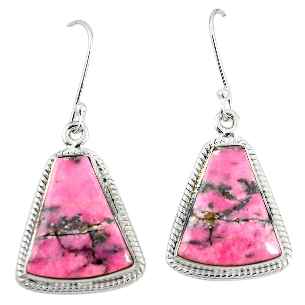 Natural pink rhodonite in black manganese 925 silver dangle earrings m36333