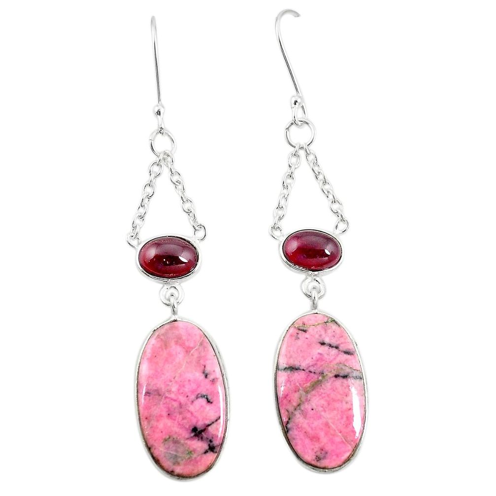 925 silver natural pink rhodonite in black manganese dangle earrings m36336
