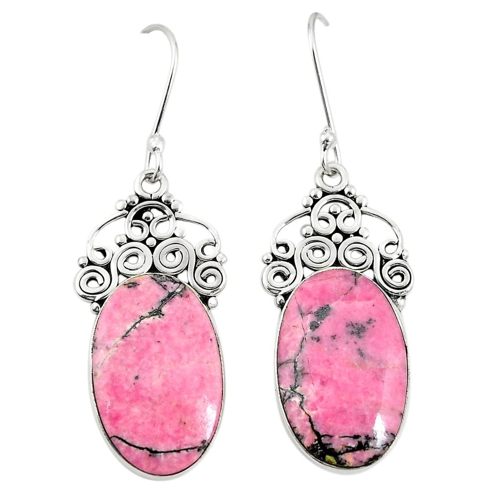 Natural pink rhodonite in black manganese 925 silver dangle earrings m36338
