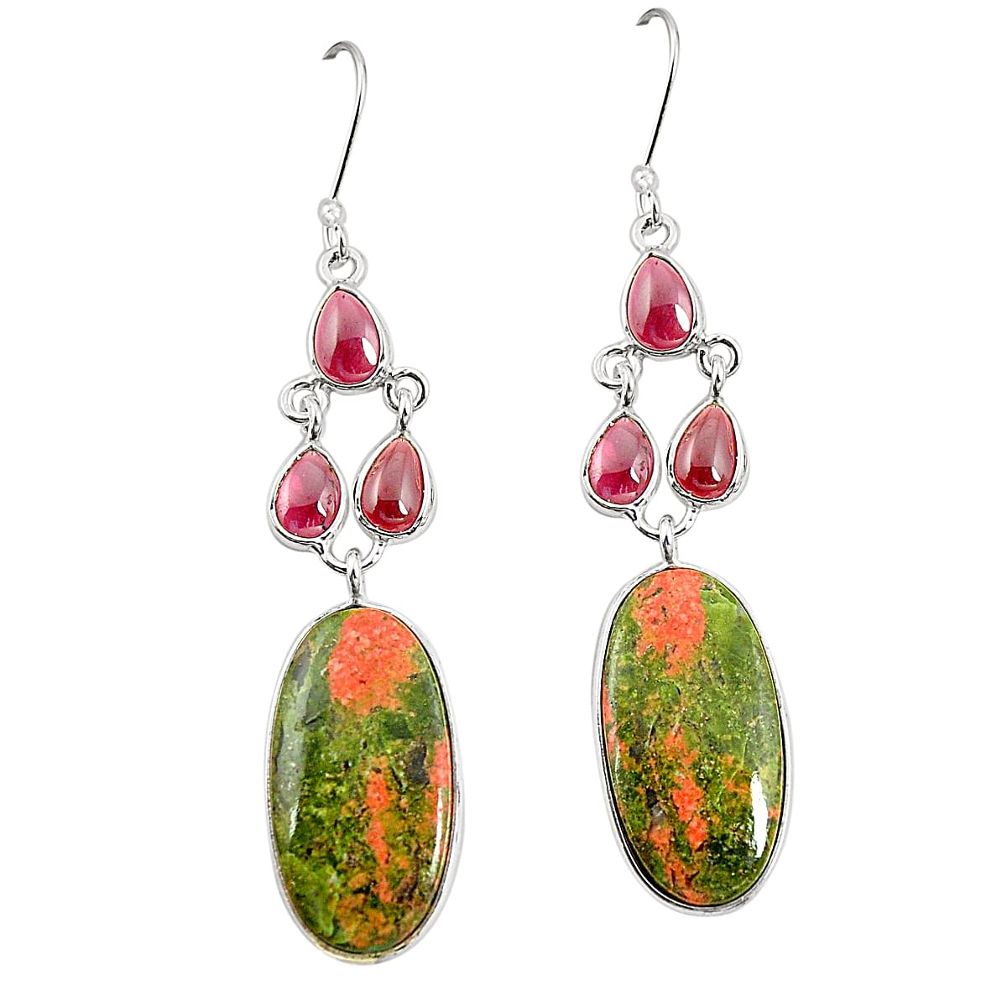 Natural green unakite red garnet 925 sterling silver dangle earrings m36349