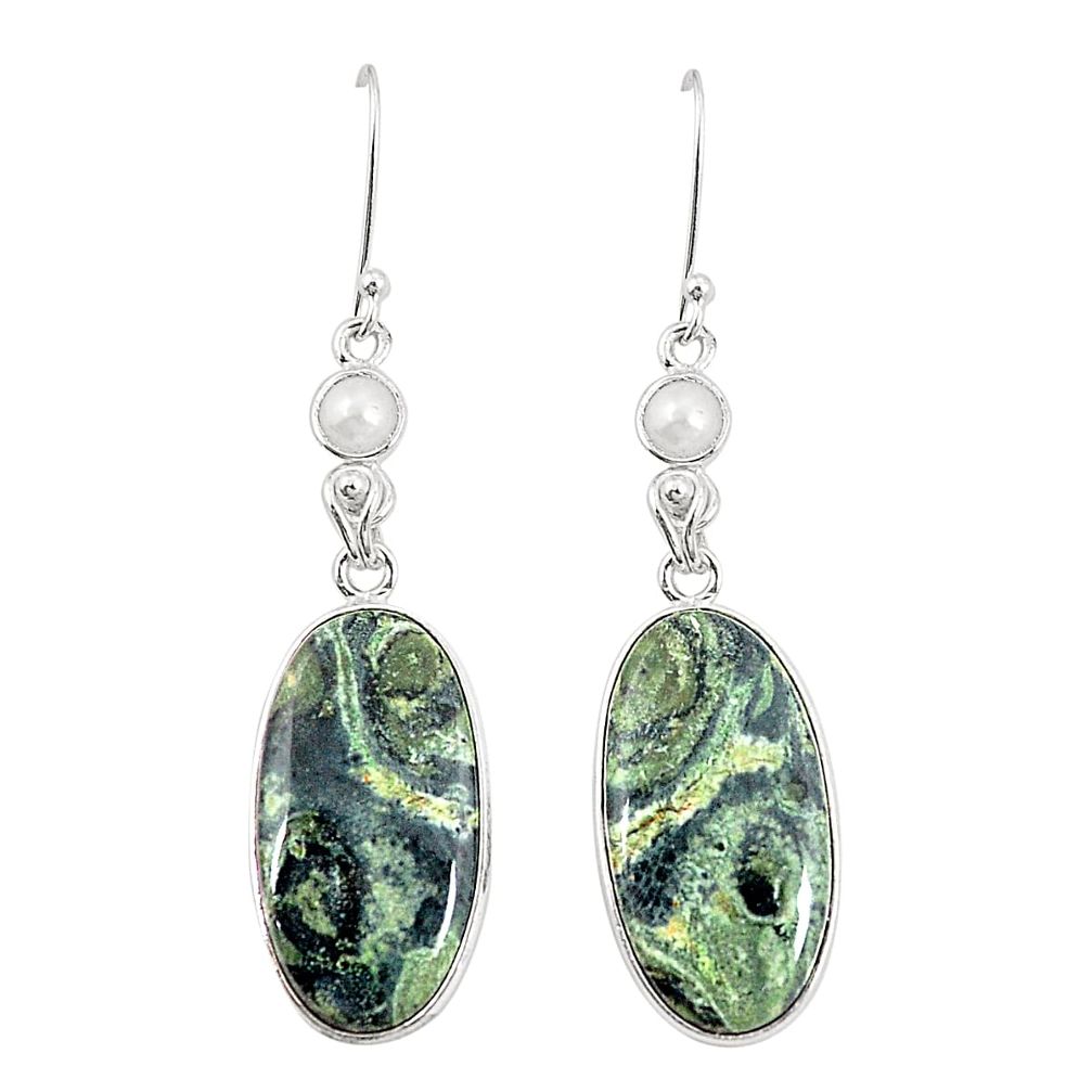 Natural green kambaba jasper (stromatolites) 925 silver dangle earrings m36435