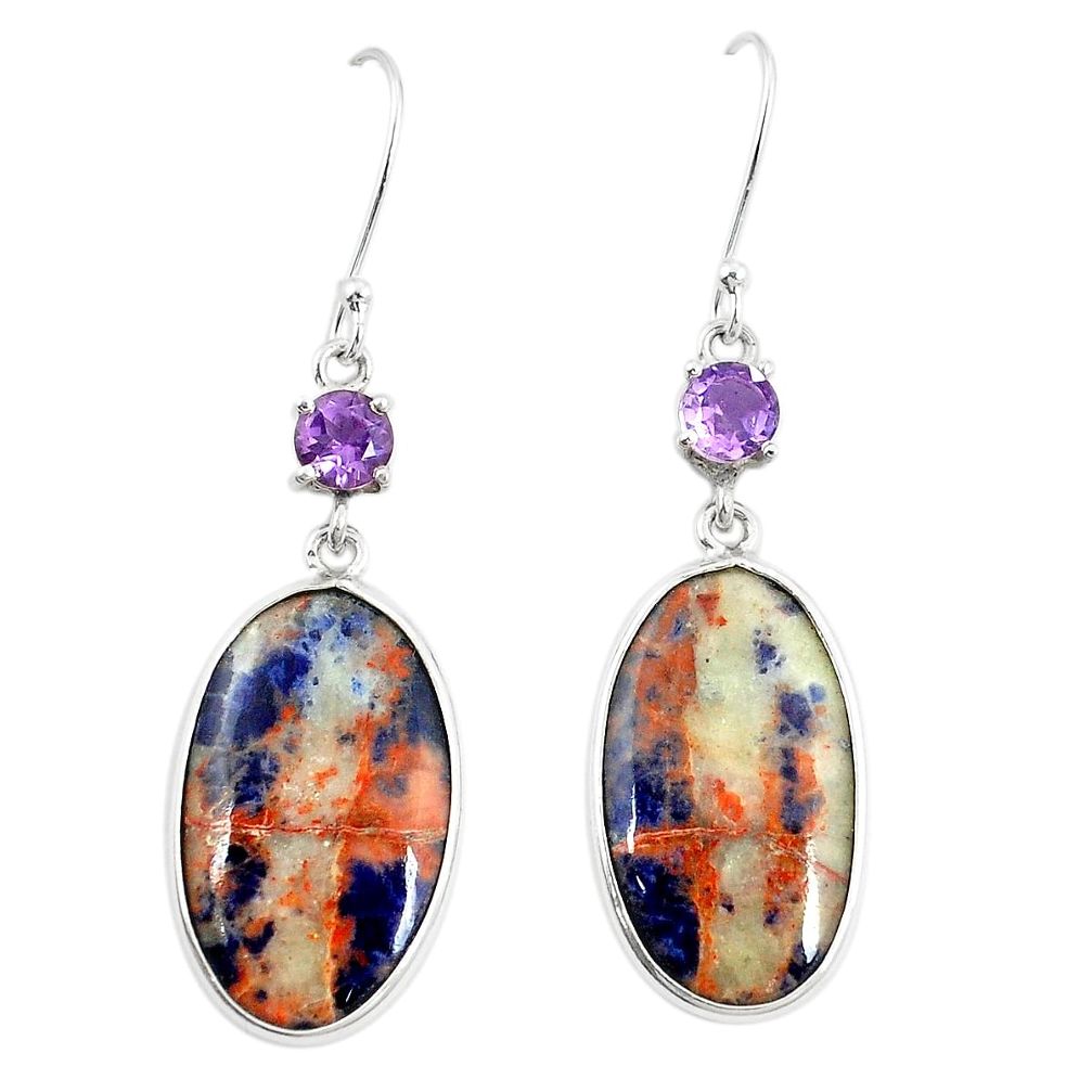 Natural orange sodalite amethyst 925 silver dangle earrings jewelry m36451