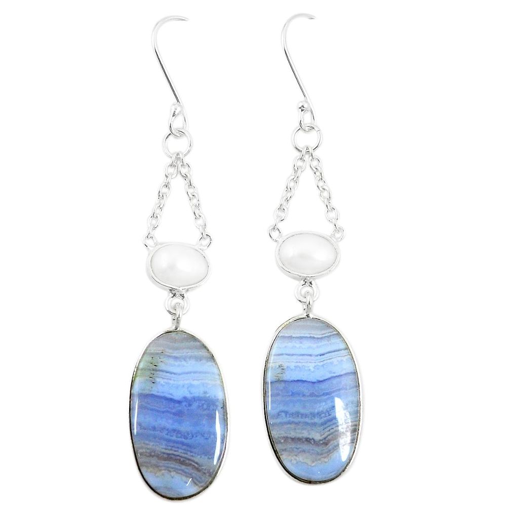 Natural blue lace agate white pearl 925 silver dangle earrings jewelry m36493