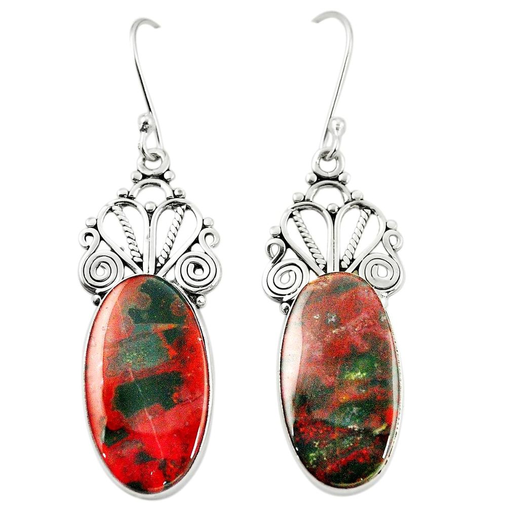 Natural green bloodstone african (heliotrope) 925 silver dangle earrings m36894