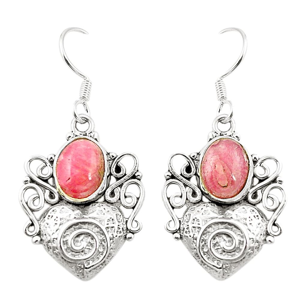 Natural pink rhodochrosite inca rose 925 silver heart love earrings m37022