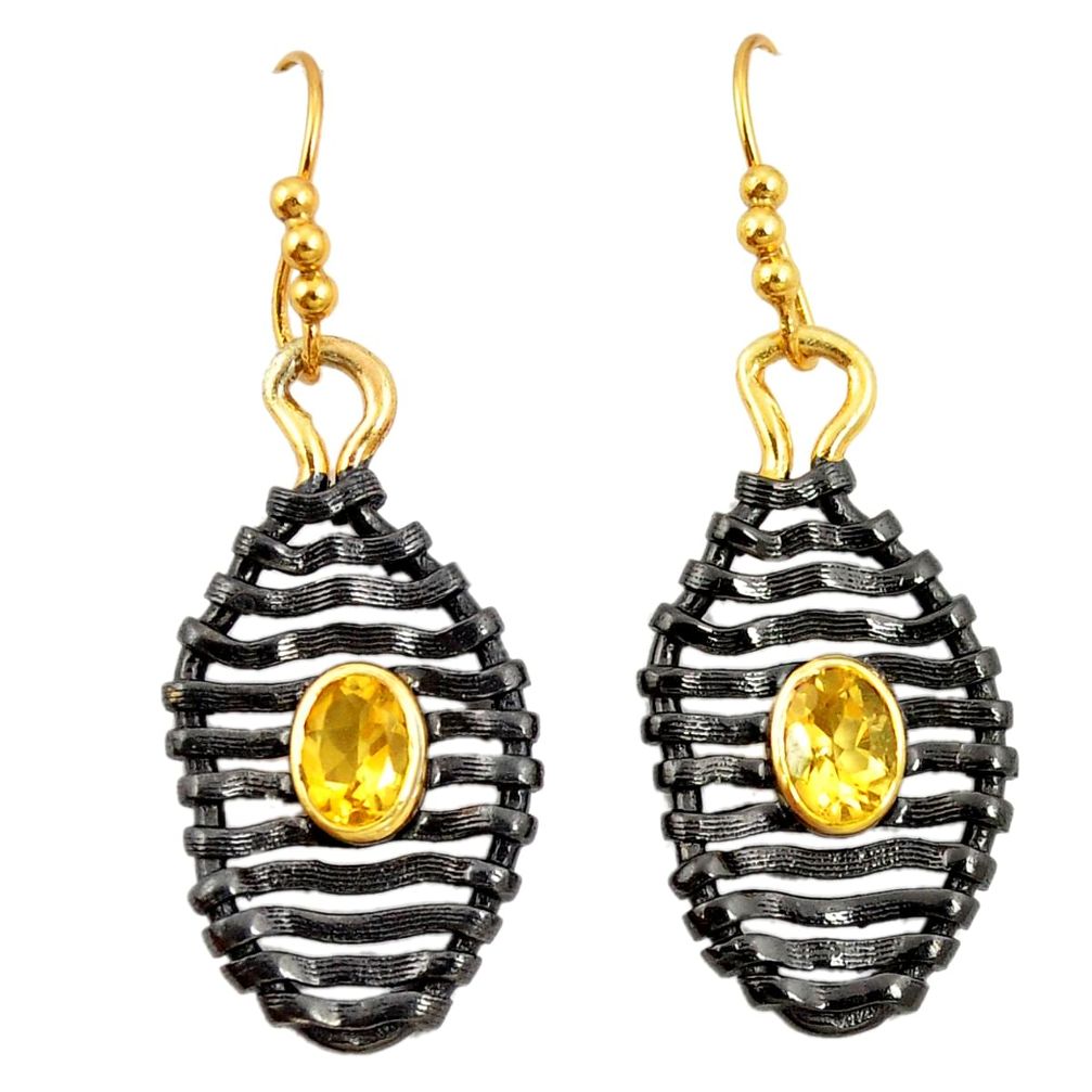 Natural yellow citrine rhodium 925 silver 14k gold dangle earrings m38933