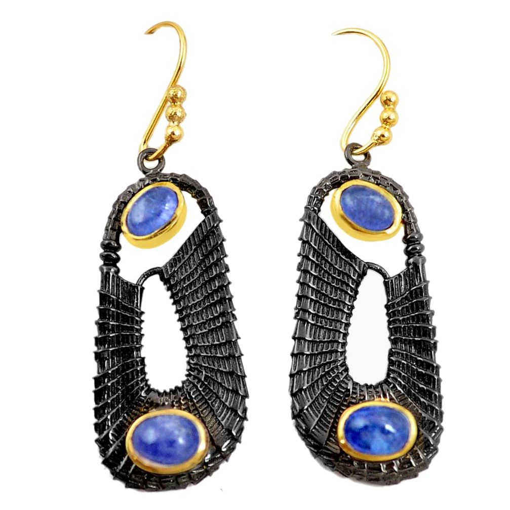 Natural blue tanzanite black rhodium 925 silver 14k gold dangle earrings m38948