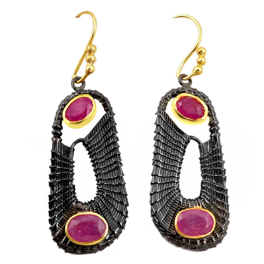 Natural red ruby black rhodium 925 silver 14k gold dangle earrings m38959