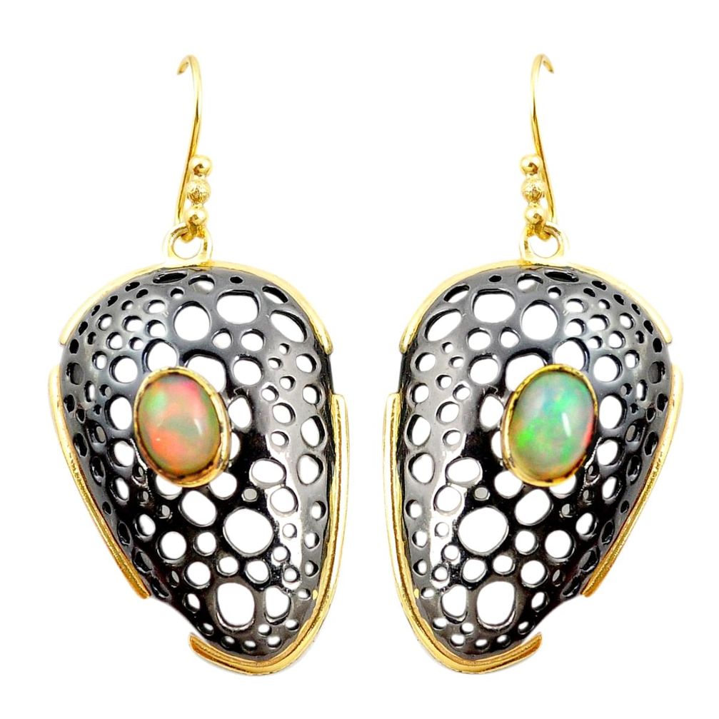 Natural multi color ethiopian opal rhodium 925 silver 14k gold earrings m38965