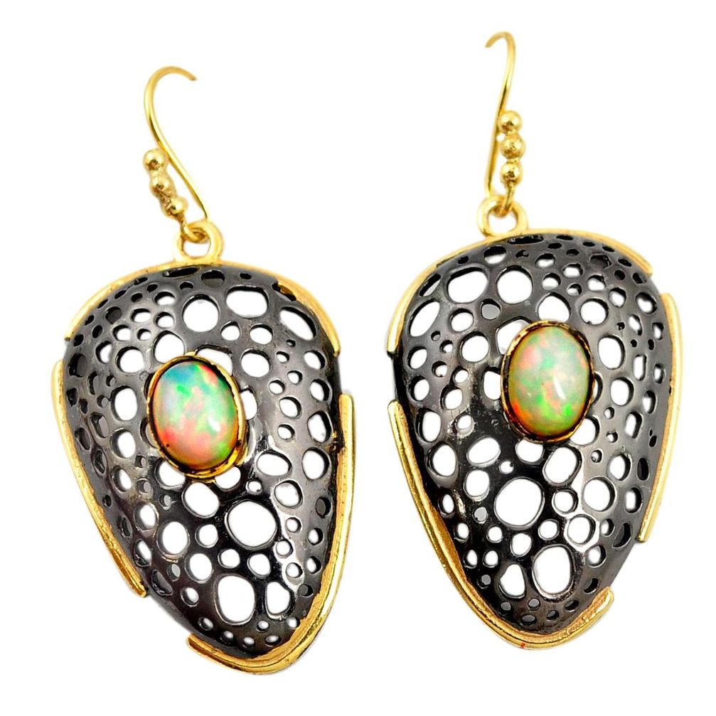 Natural multi color ethiopian opal rhodium 925 silver 14k gold earrings m38968
