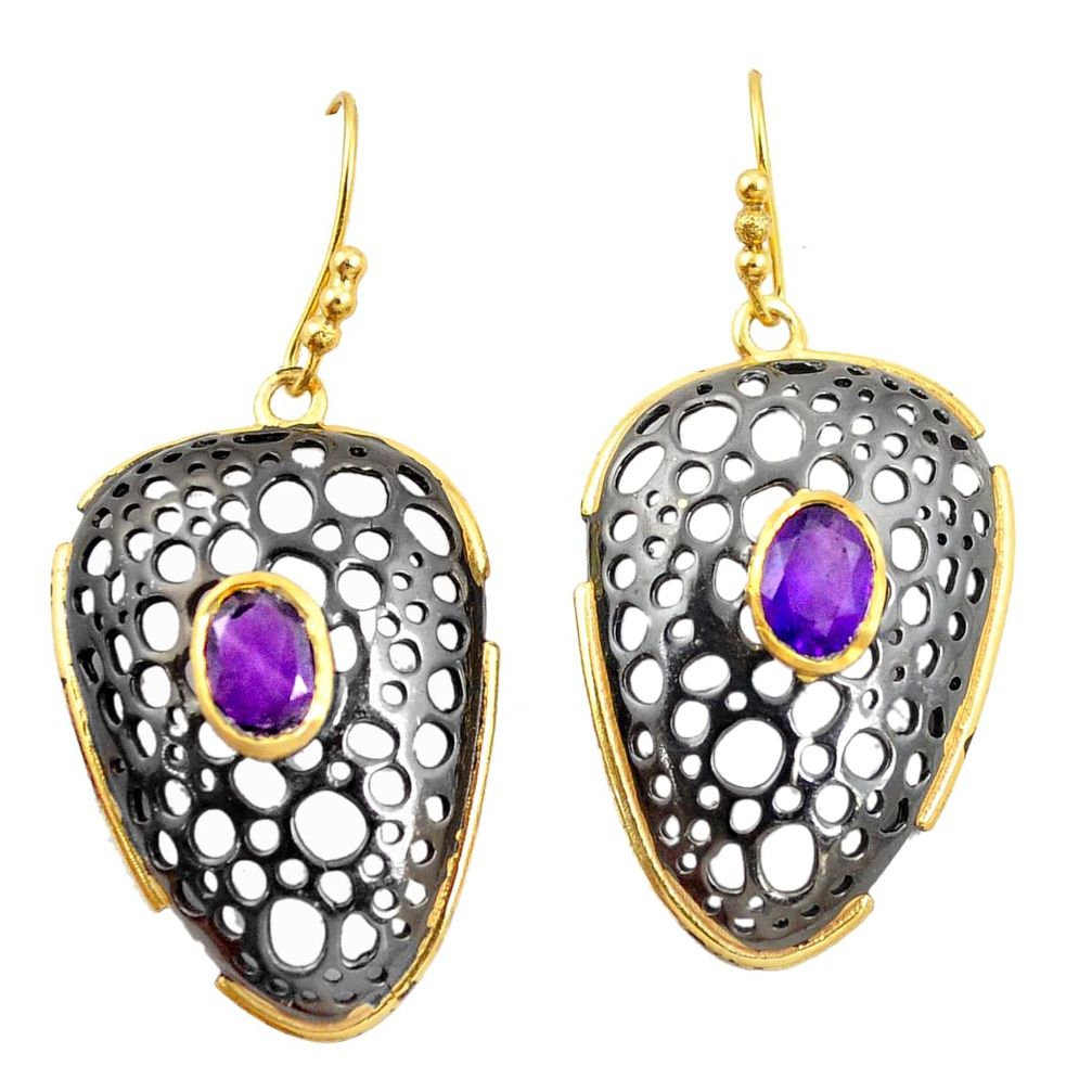 Natural purple amethyst rhodium 925 silver 14k gold dangle earrings m38992