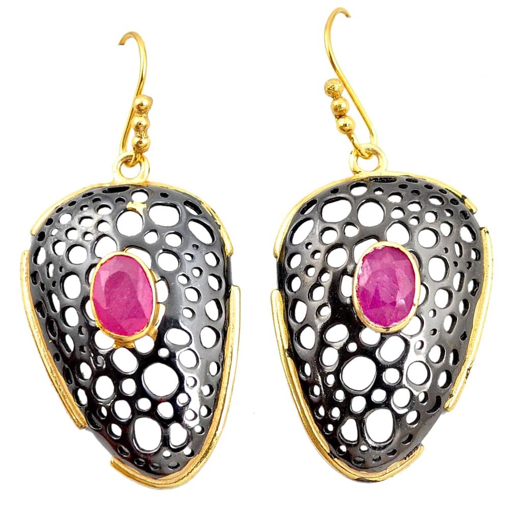 Natural red ruby rhodium 925 sterling silver 14k gold dangle earrings m38994