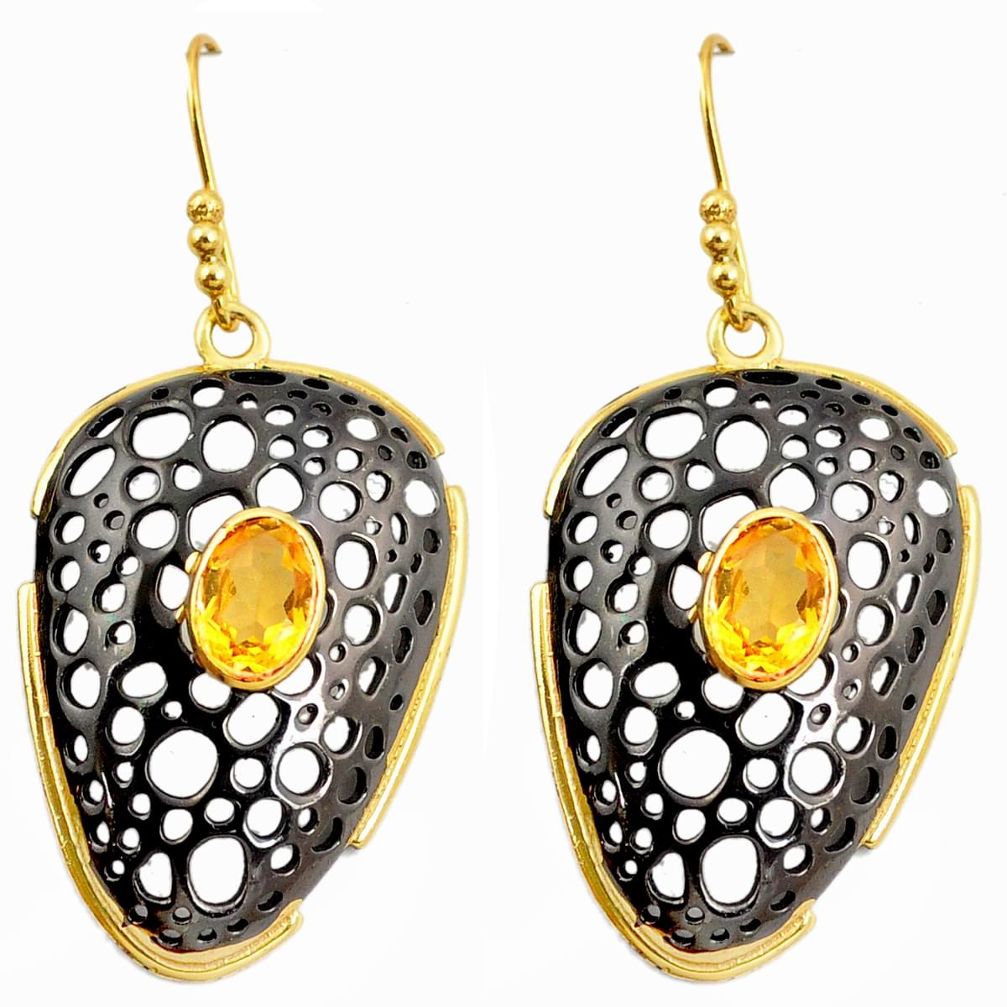 Natural yellow citrine rhodium 925 silver 14k gold dangle earrings m38999