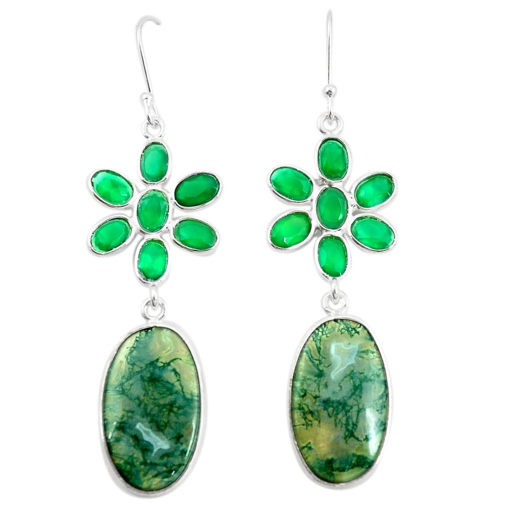 Natural green moss agate chalcedony 925 silver dangle earrings m39002