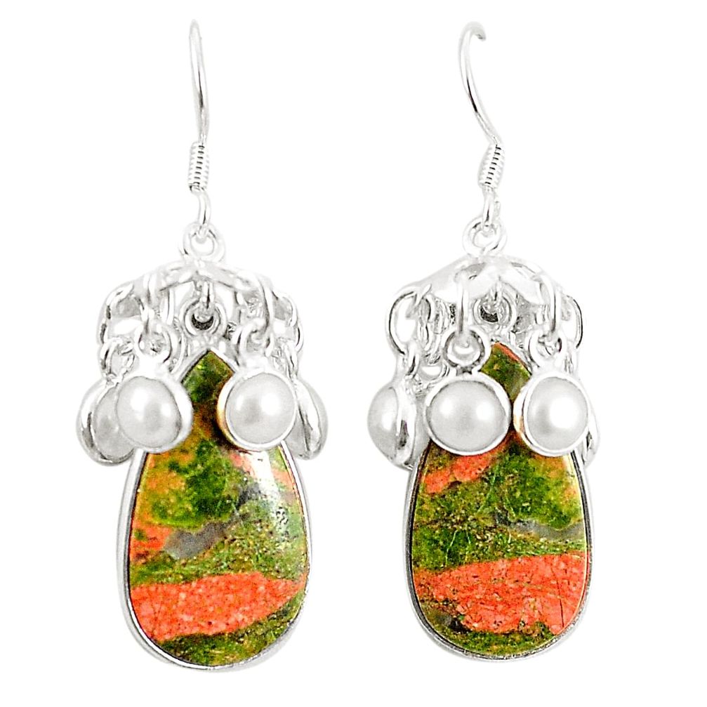 Natural green unakite pearl 925 sterling silver dangle earrings m39025