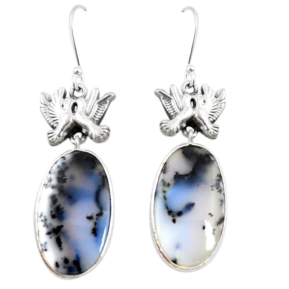 Natural white dendrite opal (merlinite) 925 silver love birds earrings m39051