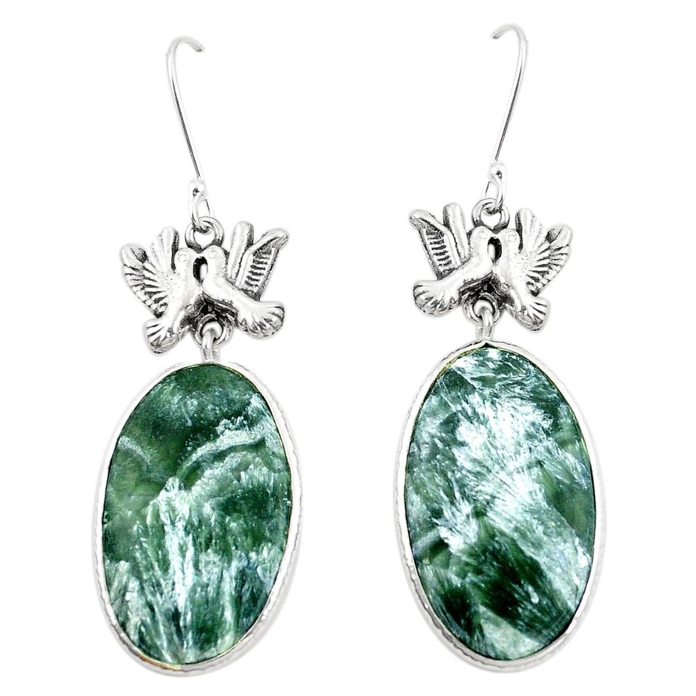 Natural green seraphinite (russian) 925 silver love birds earrings m39053