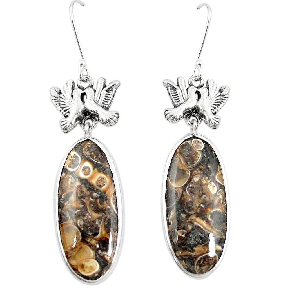 Natural turritella fossil snail agate 925 silver love birds earrings m39054