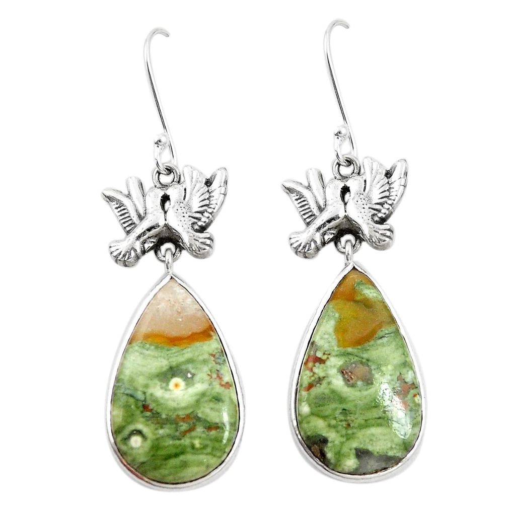 Natural green rainforest rhyolite jasper 925 silver love birds earrings m39058