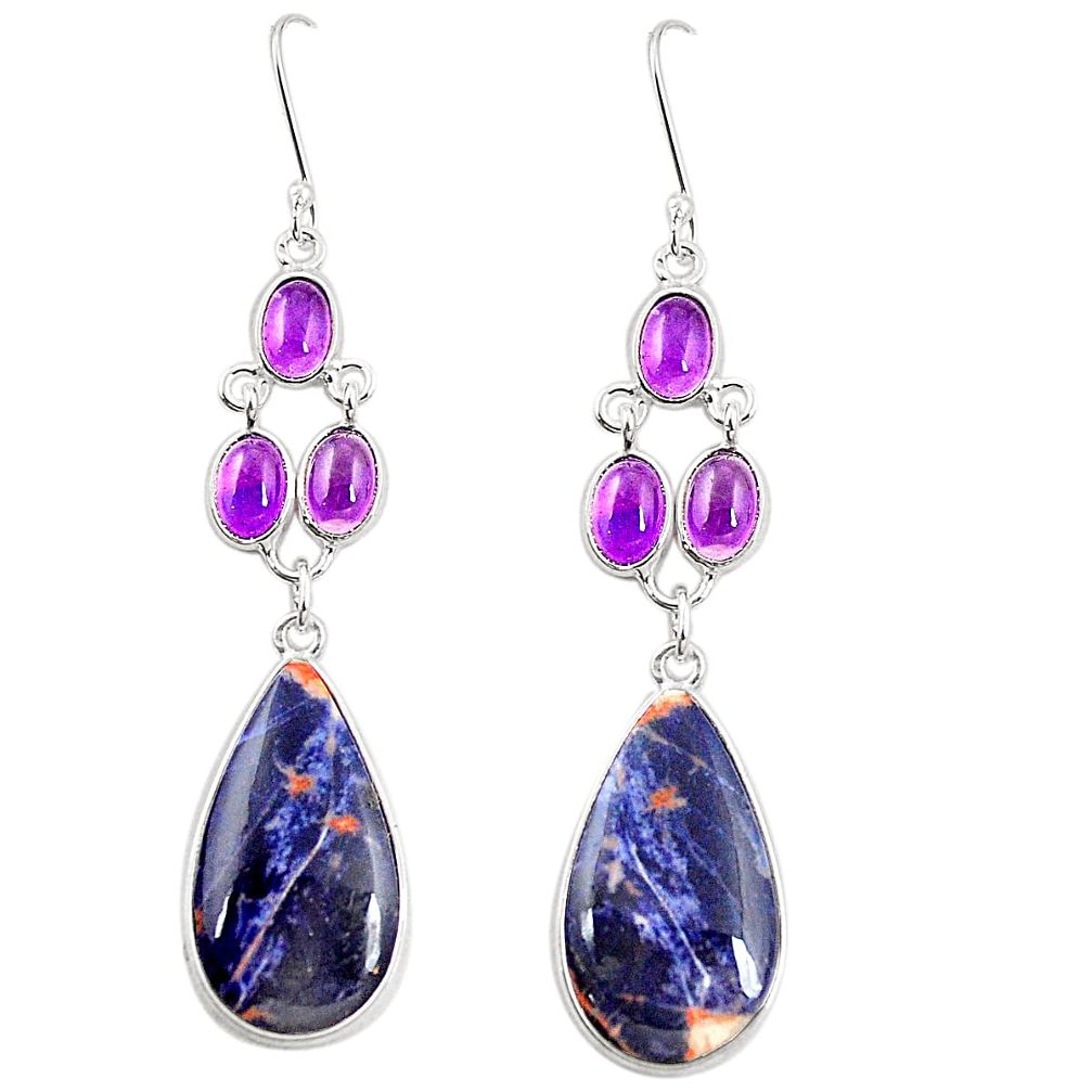 Natural blue sodalite purple amethyst 925 silver dangle earrings m39069