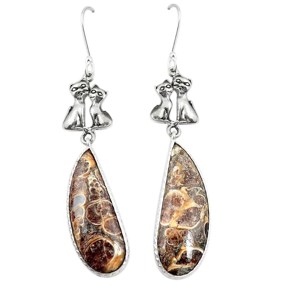 Natural brown turritella fossil snail agate 925 silver two cats earrings m39092