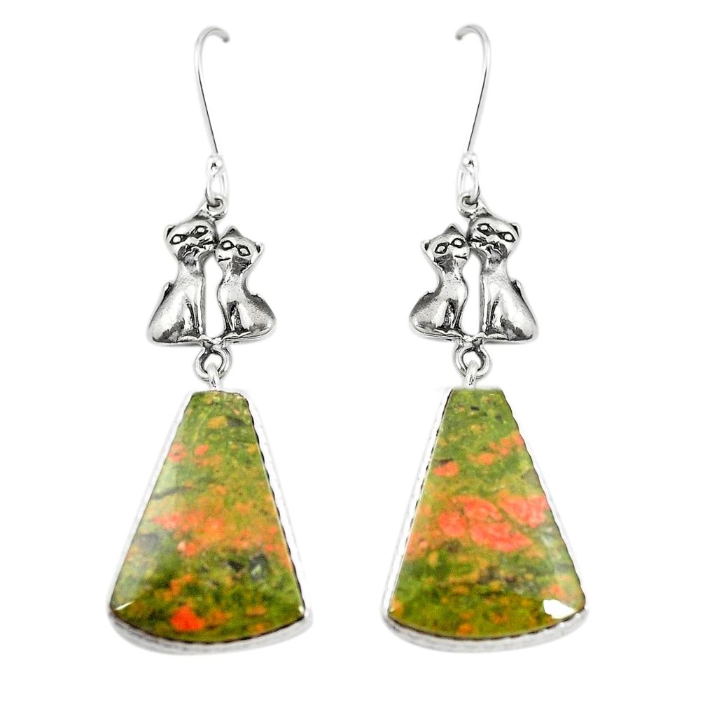 Natural green unakite 925 sterling silver couple hearts earrings m39096