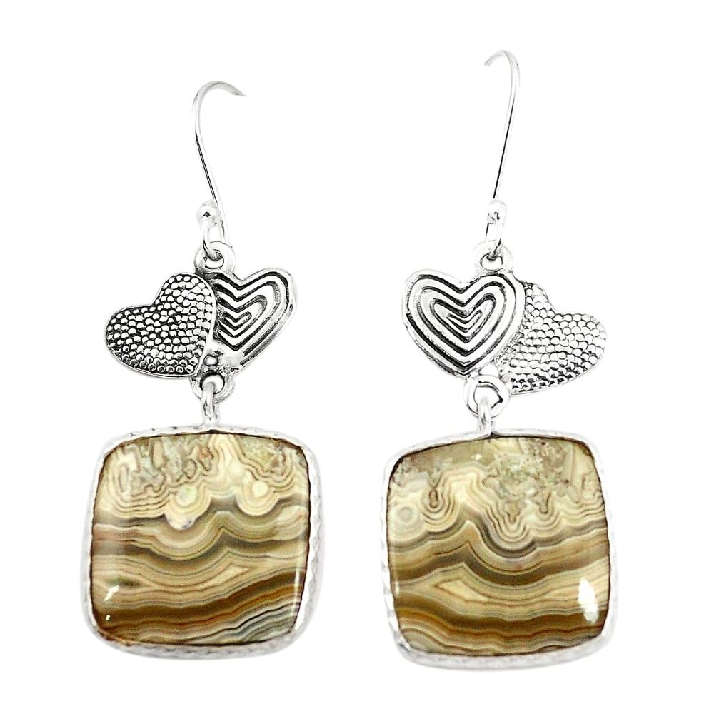 Natural mexican laguna lace agate 925 silver couple hearts earrings m39097