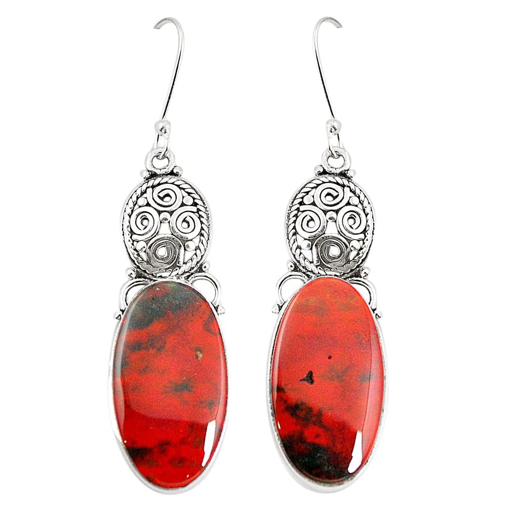 Natural red bloodstone african (heliotrope) 925 silver dangle earrings m39109