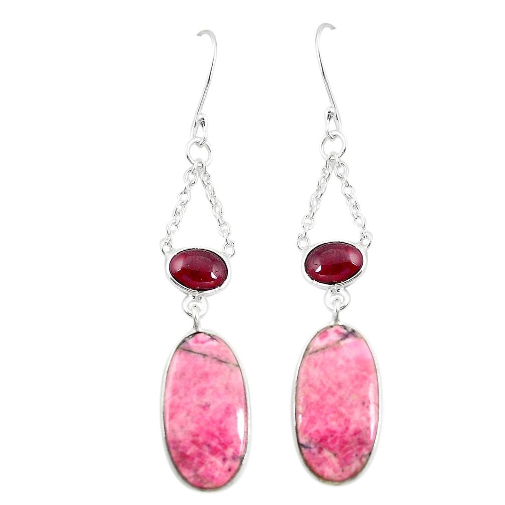 Natural pink rhodonite in black manganese 925 silver dangle earrings m39135