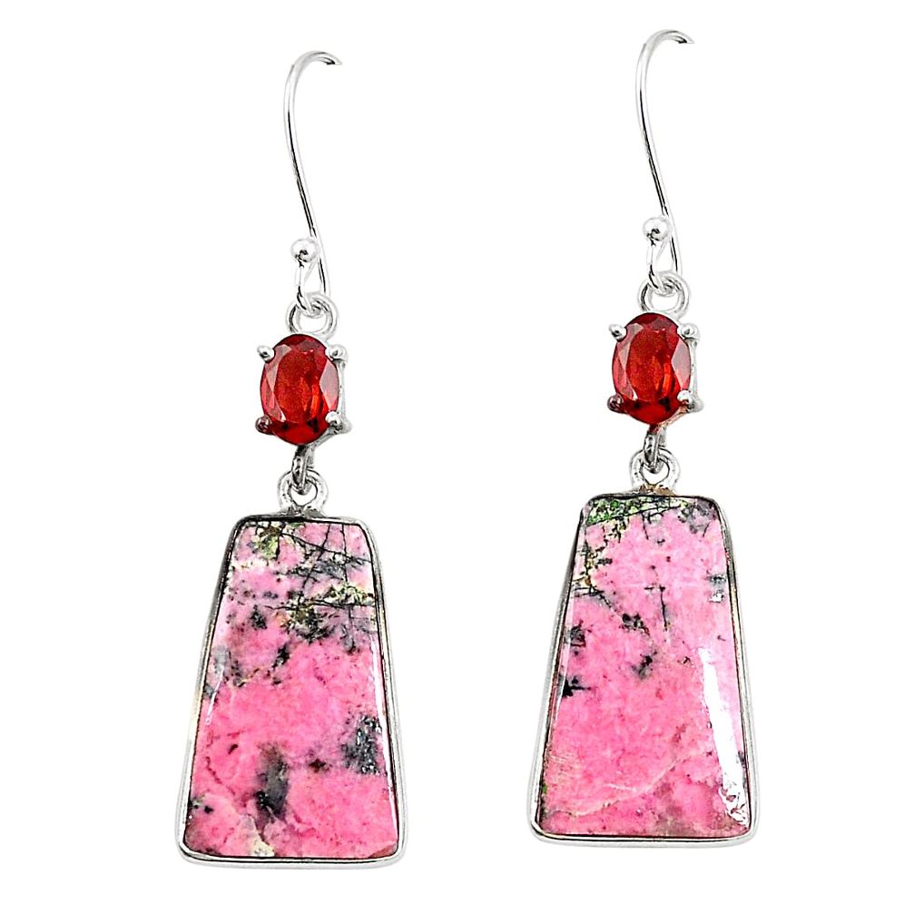 Natural pink rhodonite in black manganese 925 silver dangle earrings m39158