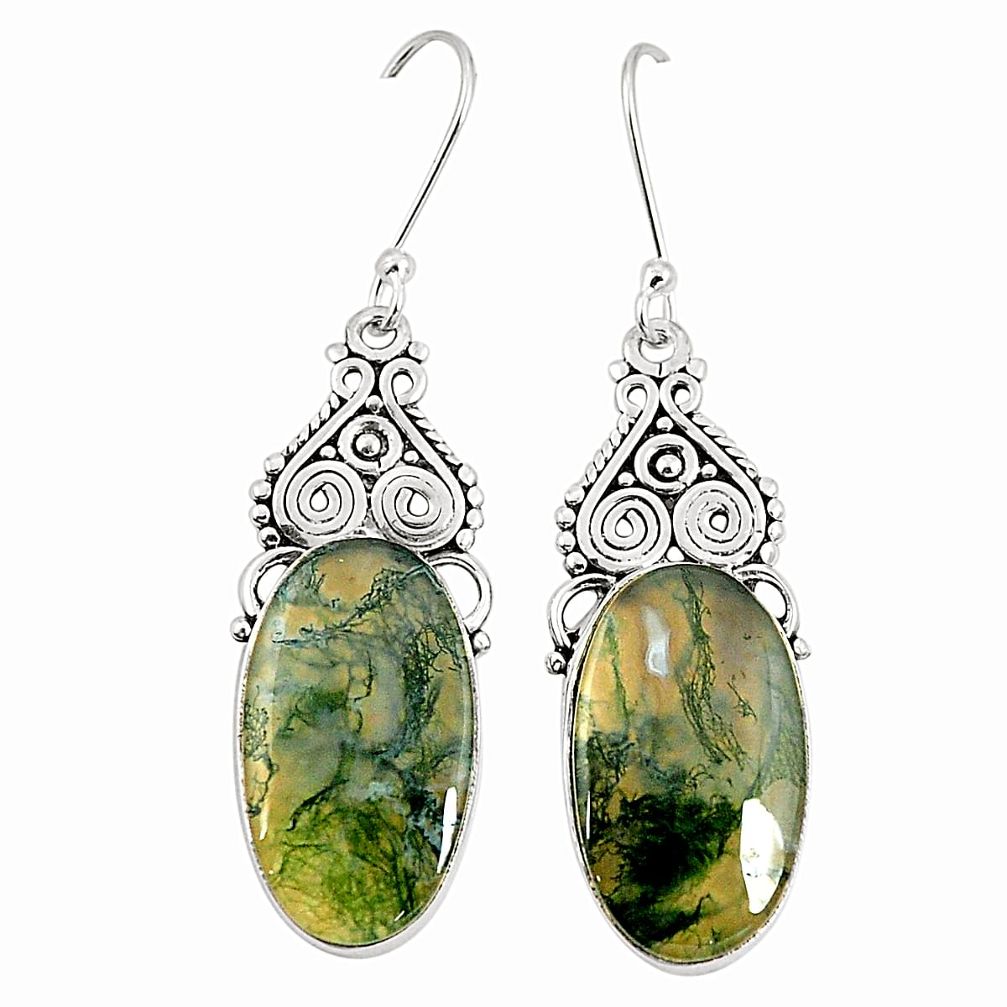 Natural green moss agate 925 sterling silver dangle earrings m39159