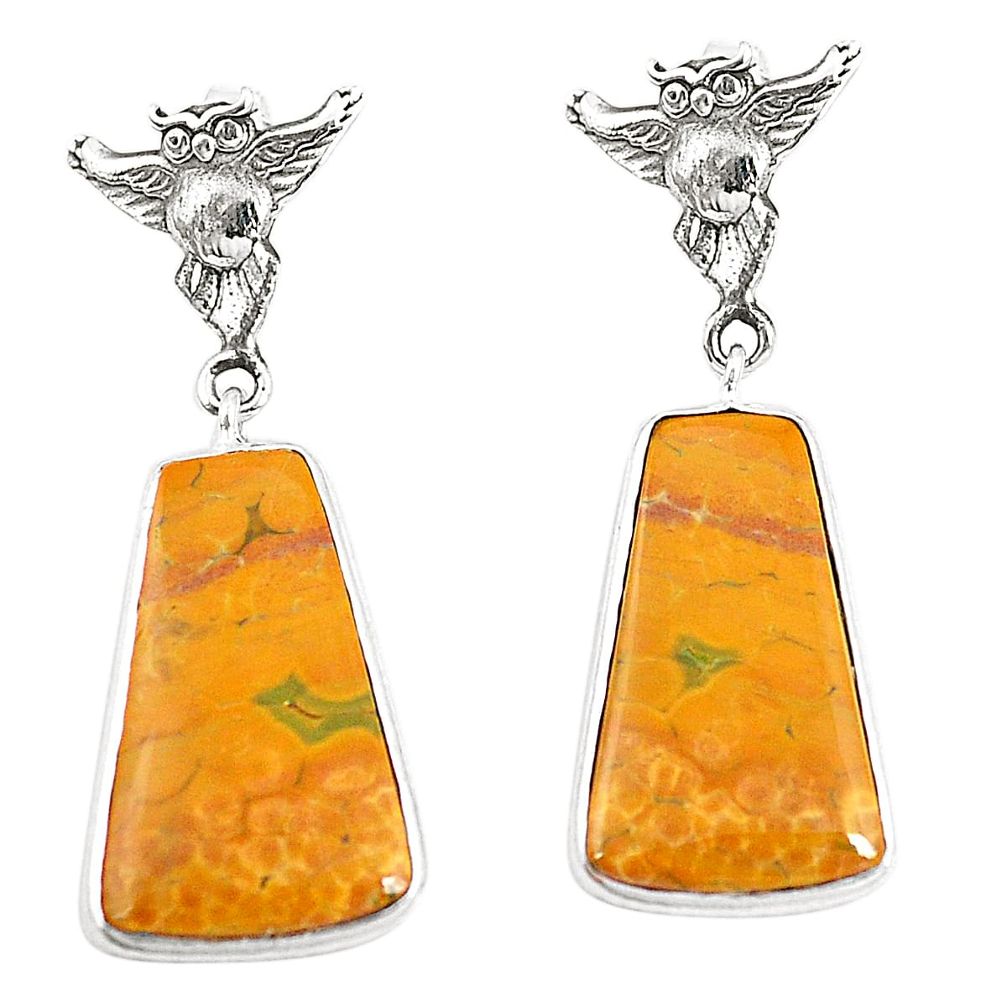 Natural yellow ocean sea jasper (madagascar) 925 silver owl earrings m39182