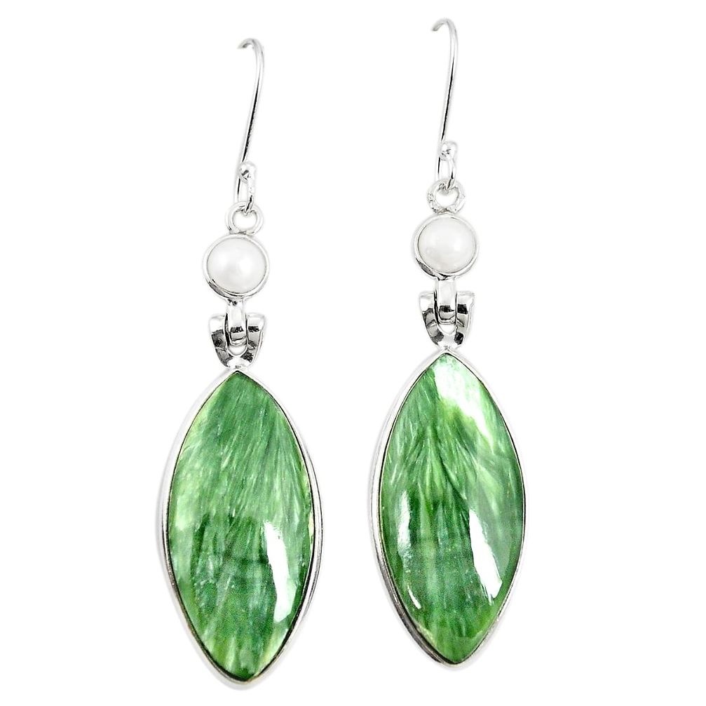 Natural green seraphinite (russian) 925 silver dangle earrings m39205