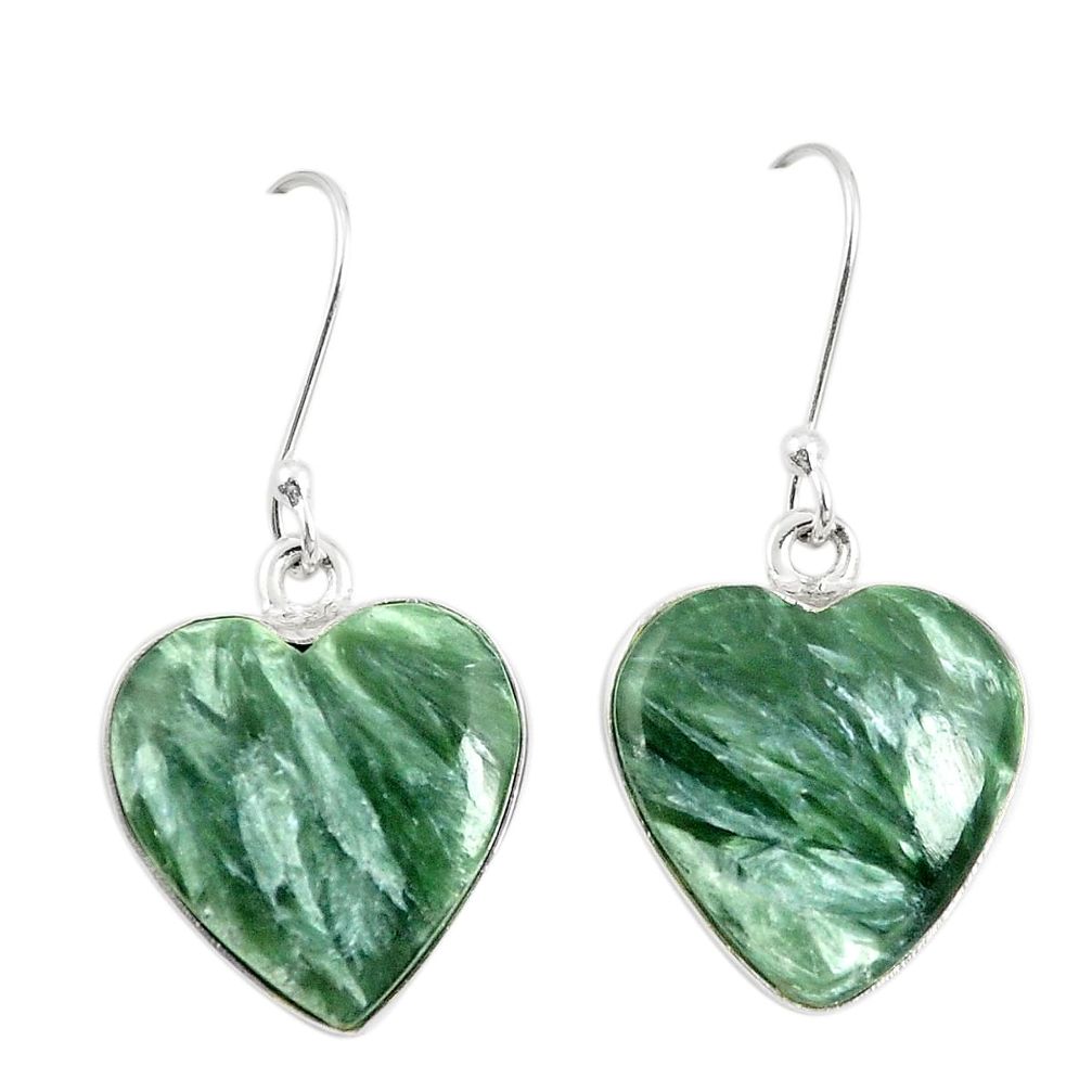 Natural green seraphinite (russian) 925 silver heart love earrings m39215