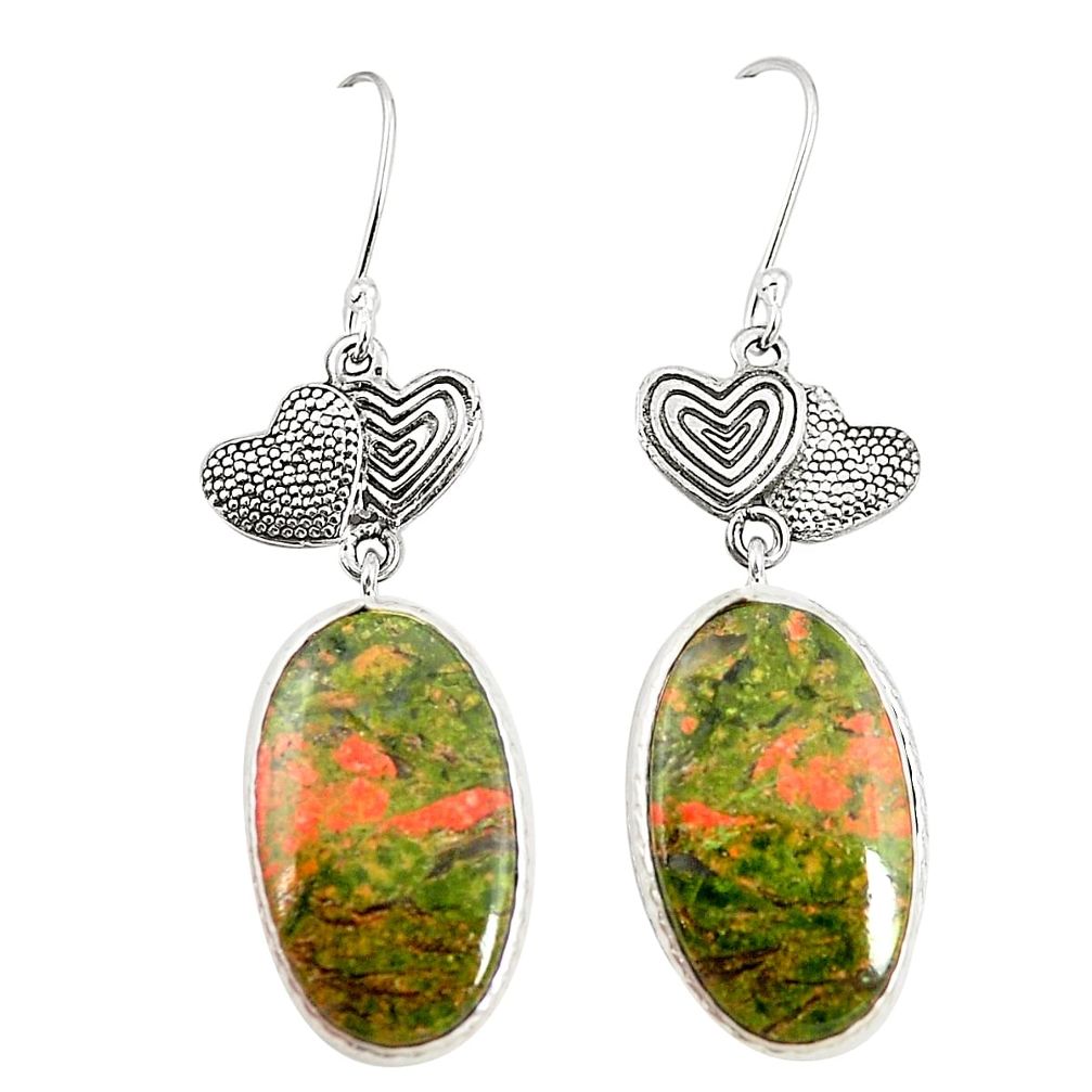 Natural green unakite 925 sterling silver couple hearts earrings m39267
