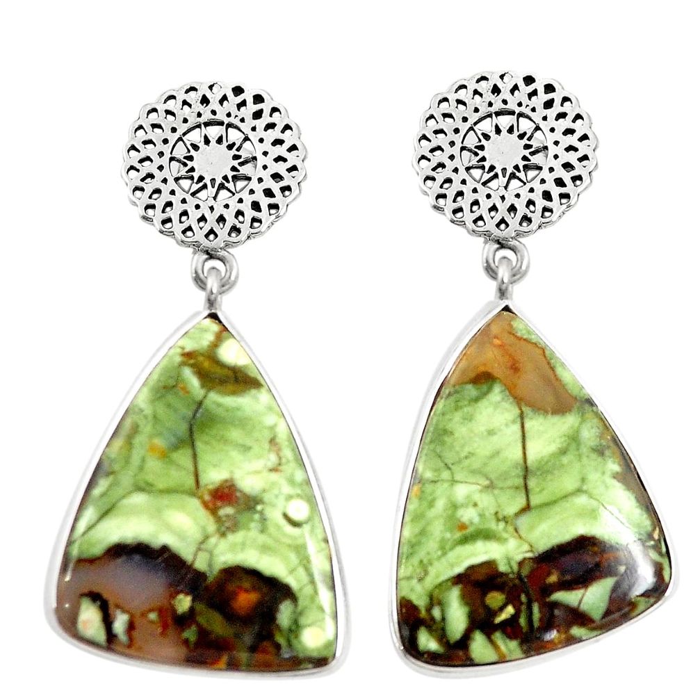 Natural green rainforest rhyolite jasper 925 silver dangle earrings m39364